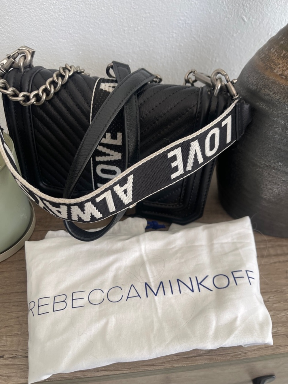 Rebecca Minkoff Black Quilted Crossbody Bag with 'LOVE' Strap

With dust bag